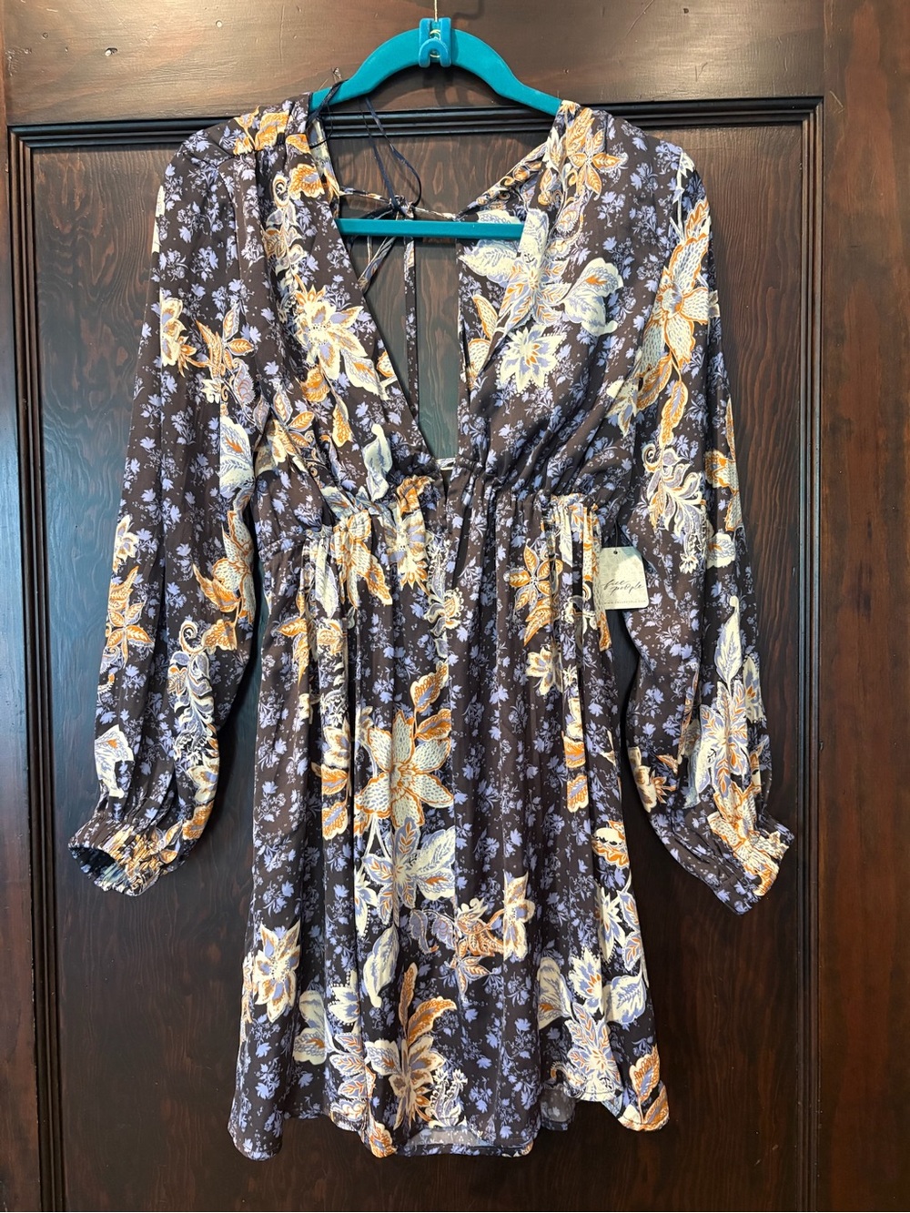 Free People Navy Floral V-Neck Long Sleeve Mini Dress with Orange Accents